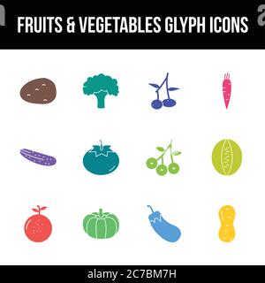 Unique fruits & vegetables vector glyph icon set Stock Vector