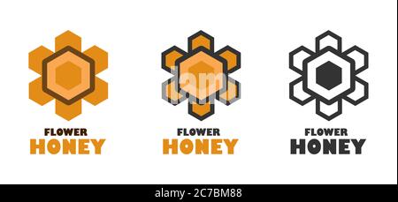 Flower honey logo. The symbolic image of a flower, bee honeycombs filled with honey. Sign of beekeeper, apiary, honey company. Meadow honey. Isolated Stock Vector