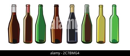The bottles. Vector. Wine bottles of different colors in cartoons flat style. Isolated objects on a white background. Seth: Black, brown and green Stock Vector