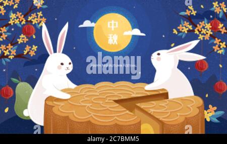 Adorable rabbits enjoying the giant cantonese mooncake, Chinese translation: Mid Autumn Festival Stock Vector
