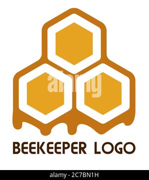 Logo of a beekeeper, apiary, honey or bee products company. Bee honeycombs with flowing trickles of honey. Sign, label. Symbolizes pure natural Stock Vector