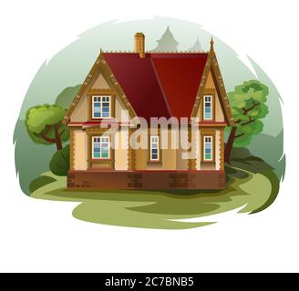 Exterior of an old house. Isolated vector illustration. Cracked walls, doors, windows. Still a cozy home. Little simple rustic lodge. Cartoon rural Stock Vector