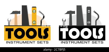 Building tools. Logo. Construction, decoration, repair of houses, offices. logotype. Repair Services. Tool kits. Sale, rent. Hand instruments. Score. Stock Vector