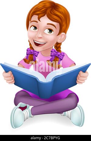 Girl Child Kid Cartoon Character Reading A Book Stock Vector
