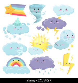 Set of cute weather with different emotions expression. Vector weather cartoon vidgets stickers set Stock Vector