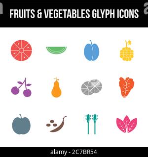 Unique fruits & vegetables vector glyph icon set Stock Vector