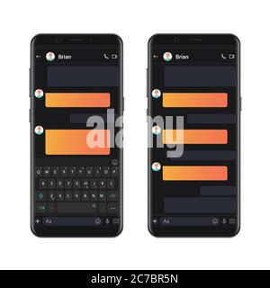Smartphone dark style chatting template with empty chat bubbles. Vector sms chat mockup dialogues composer Stock Vector