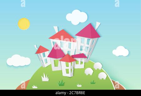 Small cute houses buildings made of paper. Paper cuted style city vector illustration Stock Vector