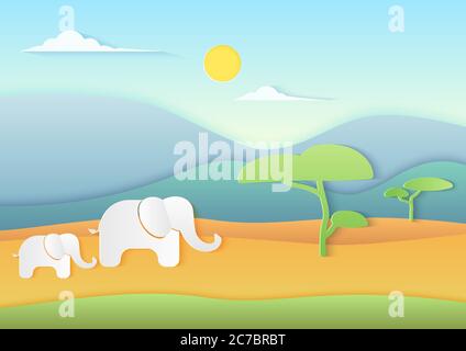 African savannah landscape with Elephants, mountains and trees. Trendy paper cuted style vector illustration Stock Vector