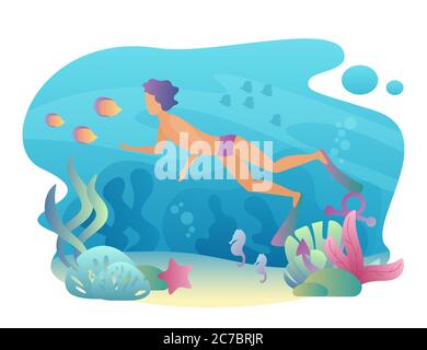 Man snorkeling swims underwater. Summer sport leisure. Male diving vector illustration Stock Vector