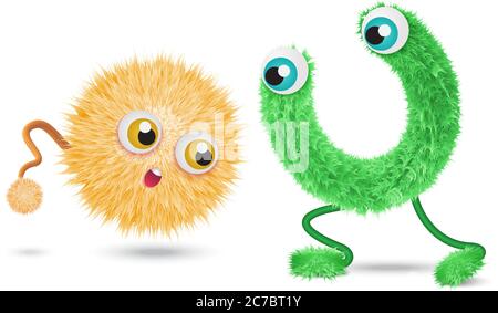 Cute realistic hair fur monsters isolated on white background Stock Vector