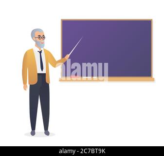 Senior teacher, old man professor standing in front of blackboard in classroom at school, college or university Stock Vector