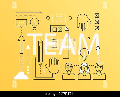 Team word trendy composition banner. Outline stroke team leader, business group, consulting concept. Flat line icons vector header illustration Stock Vector
