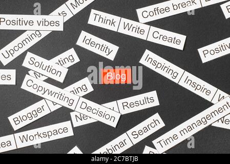 Cut paper inscription blog on a red background, surrounded by other inscriptions on a dark background. Word cloud concept Stock Photo