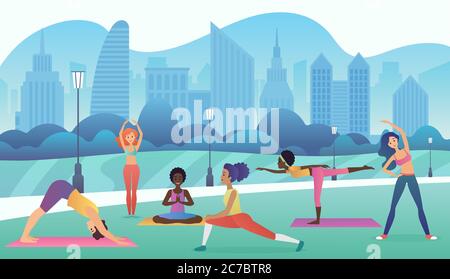 Group of women doing yoga in the park with modern city background. Trendy gradient color vector illustration Stock Vector