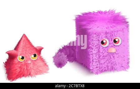 Funny cartoon triangle and rectangle monsters characters set. Realistic cute hair fur monster vector illustration Stock Vector