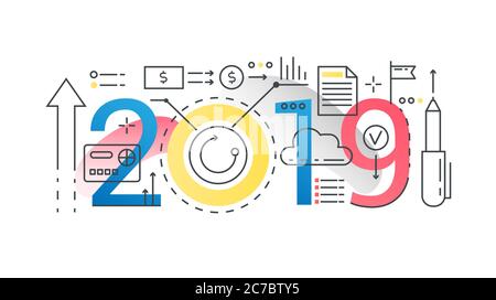 Finance 2019 word trendy composition concept banner. Outline stroke business, finance, investment analysis. Flat line icons lettering typography on white background Stock Vector