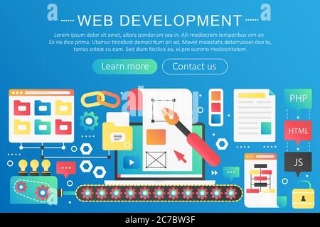Vector trendy flat gradient color web development concept template banner with icons and text Stock Vector