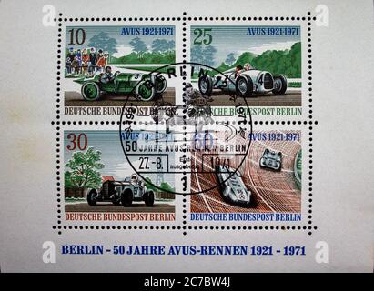 Postage stamp from the FRG Berlin. Printed on 27.08.1971. Block 3. 50 years of the AVUS race. special postmark Stock Photo