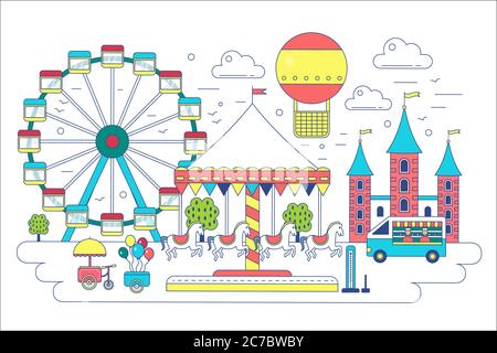 Amusement park flat line vector illustration. Circus, ferris wheel, attractions, aerostat balloon in air Stock Vector