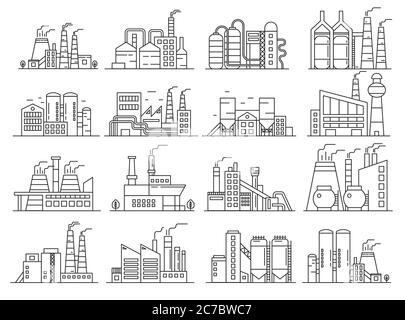 Factory building line style set. Indistrial construction and commercial architecture outline stroke set Stock Vector