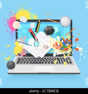 Online education flat illustration concept. Laptop with education icons and effects. Different shapes, color paint splashes Stock Vector