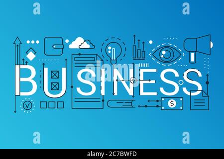 Business 2019 word trendy composition concept banner. Outline stroke finance, money, strategy, planning. Flat line icons lettering typography on trendy gradient background Stock Vector