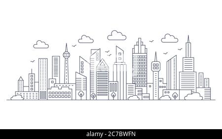 Vector thin line city panorama landscape. Modern architecture urban city with high skyscrapers Stock Vector