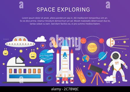 Vector trendy flat gradient color universe infographic illustration. Outer space space ship rocket, solar system with planets, satellites, UFO concept template banner with icons and text Stock Vector