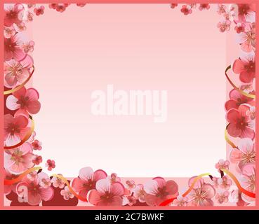 Frame of pink flowers for a card. Flowers of cherry, apple tree, plum, apricot, peach, pear. Red and white flowers on a pink background. Handsomely. Stock Vector