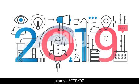 Business startup 2019 word trendy composition concept banner. Start up outline stroke and flat line icons lettering typography Stock Vector