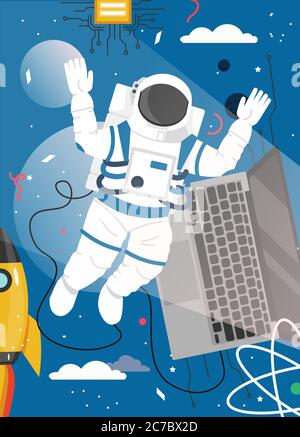 Quantum computing space exploration vector poster template Stock Vector