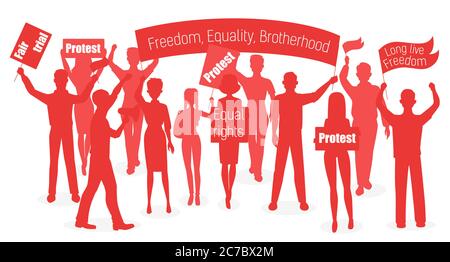 Red Silhouette of protesters. People demonstration, protest, revolution and conflict in city Stock Vector