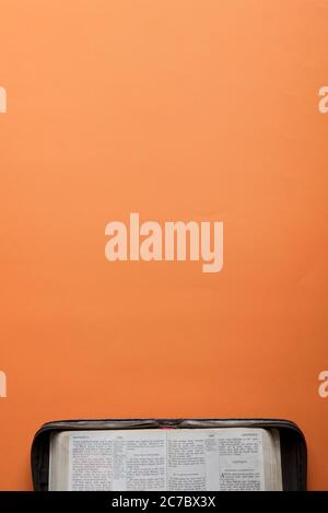 Overhead vertical shot of an open book on an orange surface Stock Photo