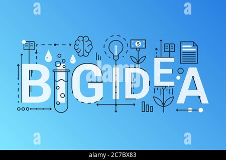 Big idea 2019 word trendy composition concept banner. Outline stroke big idea, brainstorming, finding solution, creative thinking. Flat line icons lettering typography Stock Vector