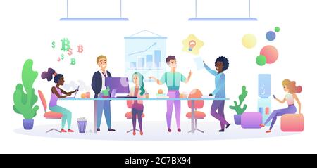 Coworking center interior concept. Multicultural People talking and working at the computers in the modern open space office. Trendy gradient color vector illustration Stock Vector