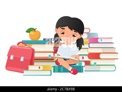 Cute little girl reading a books isolated on white background Stock Vector