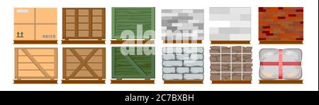 Cargo on a pallet. For forklift. Vector. Set of isolated objects: boxes, bricks, stones, cardboard packaging, bags, cement. Pallets for freight. Load Stock Vector