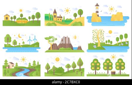 Vector mini landscapes icons set. Ecology nature and travel. Lake and river, sea and sun, mountain and lighthouse, summer forest park tree. Flat illustration collection for labels, logo or emblems Stock Vector