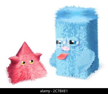 Funny and cute hairy cartoon pink and blue monsters Stock Vector