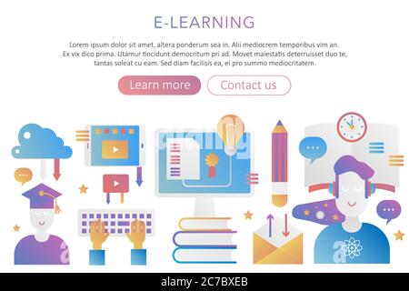 Panoramic template poster background concept E-learning school, online distance studying and education modern gradient vector illustration Stock Vector