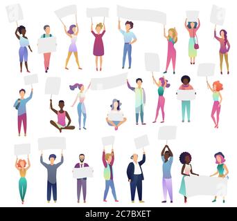 Cheering protesting people crowd holding banners set isolated Stock Vector