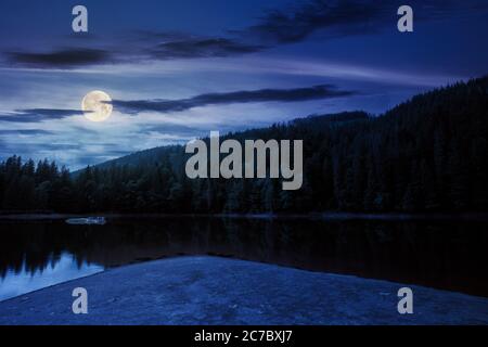 scenery around the lake in mountains at night. spruce forest on the shore. reflection in the water in full moon light. weather with clouds on the sky Stock Photo