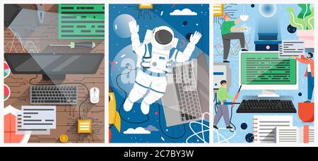 Quantum computing technology vector poster template set Stock Vector