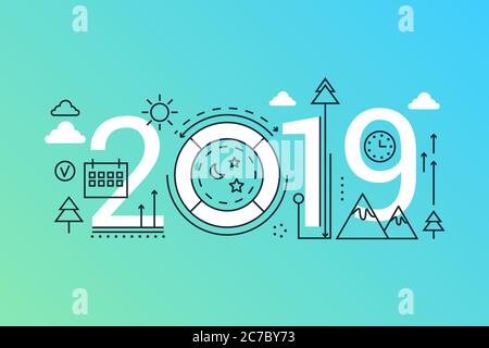 Weekend 2019 word trendy composition concept banner. Outline stroke holidays, vacation, weekend. Flat line icons lettering typography on white background Stock Vector