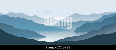 Mountains silhouette landscape vector. Mount range Scenery. Skyline panorama. Horizon. Deciduous forest, green trees. Art. Beautiful view. Stock Vector