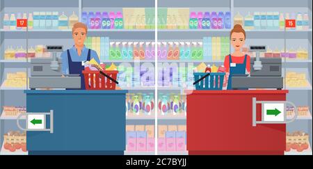 Young man and woman cashier at the checkout in supermarket. Vector female and male cashier working at the cash register Stock Vector