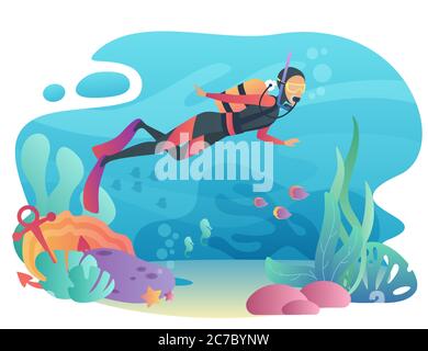 Professional Scuba Diver man dives in the ocean. Underwater swiming. Summer vacation concept of sport active holidays Stock Vector