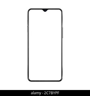 New version of black thin frame smartphone with small face camera and blank white screen. Realistic vector illustration Stock Vector
