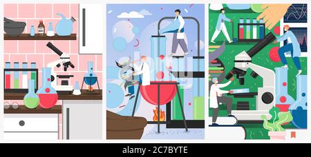 Science laboratory vector poster design template set Stock Vector